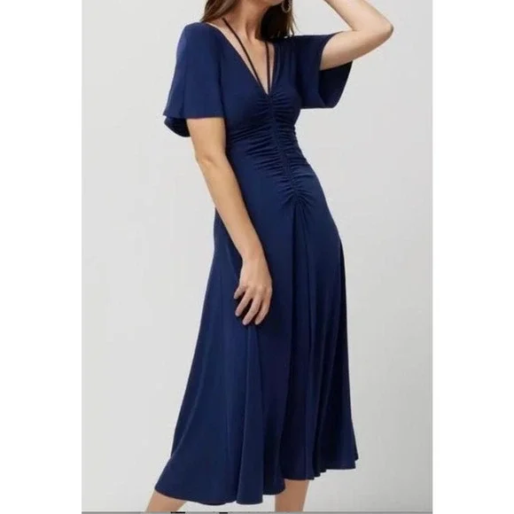 White House Black Market Size S Navy Ruched Cinched Tie Midi Pullover WMN Dress - Picture 8 of 8